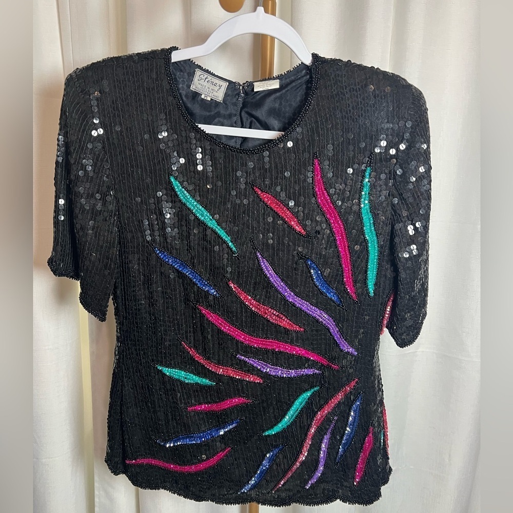Stenay Made In India Green and Pink Sequin Blouse Short Sleeve